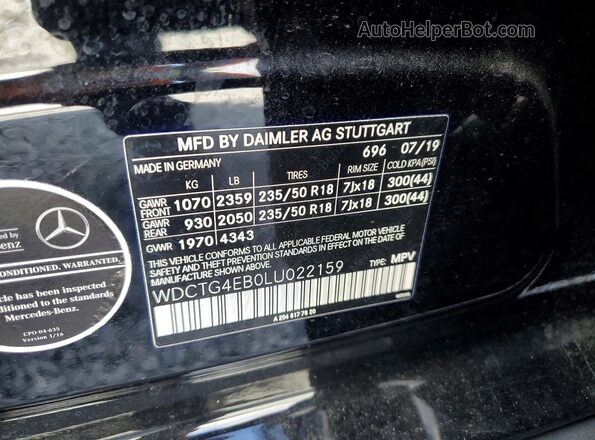 WDCTG4EB0LU022159 2020 MERCEDES-BENZ GLA Black Widok naklejki z numerem VIN