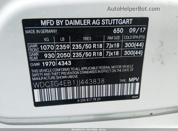 WDCTG4EB1JJ443838 2018 MERCEDES-BENZ GLA 250 White ძრავის განყოფილების ხედი