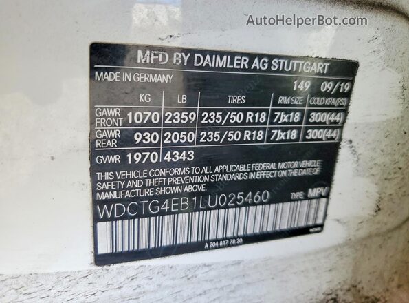 WDCTG4EB1LU025460 2020 MERCEDES-BENZ GLA White სალონის 360-გრადუსიანი ხედი