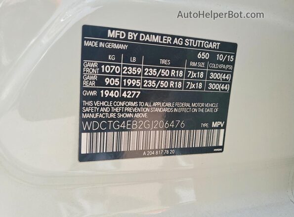 WDCTG4EB2GJ206476 2016 MERCEDES-BENZ GLA White VIN կոդի պիտակի տեսք