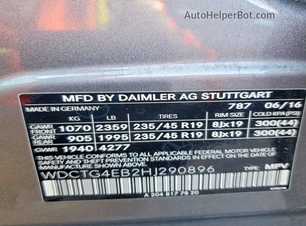 WDCTG4EB2HJ290896 2017 MERCEDES-BENZ GLA Угольный 