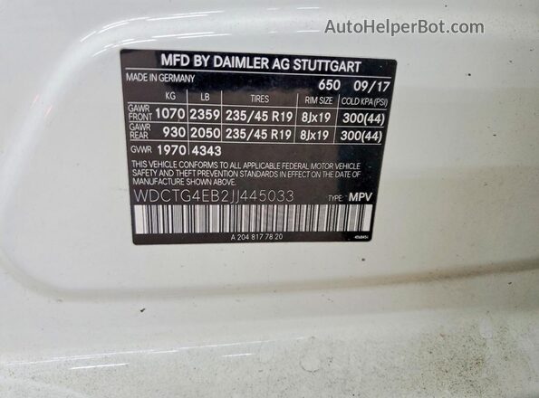 WDCTG4EB2JJ445033 2018 MERCEDES-BENZ GLA White Vista de la etiqueta del VIN