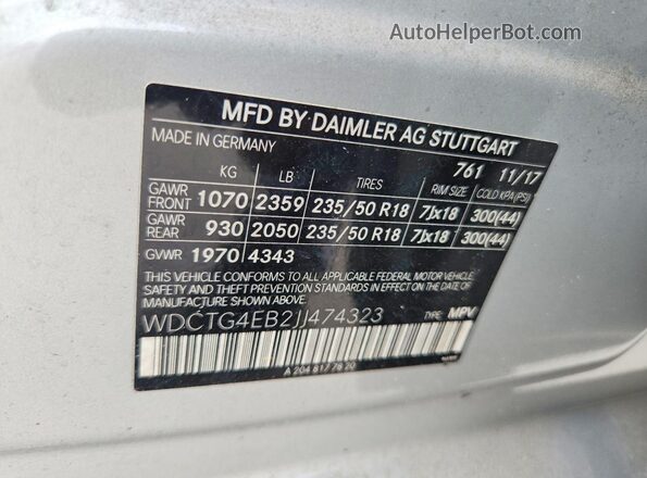 WDCTG4EB2JJ474323 2018 MERCEDES-BENZ GLA Серебряный 