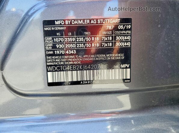 WDCTG4EB2KJ642074 2019 MERCEDES-BENZ GLA Gray VIN sticker view