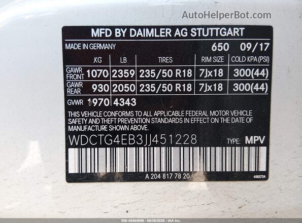 WDCTG4EB3JJ451228 2018 MERCEDES-BENZ GLA 250 White Engine compartment view