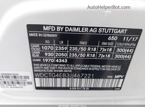 WDCTG4EB3JJ467221 2018 MERCEDES-BENZ GLA 250 Белый Вид подкапотного пространства
