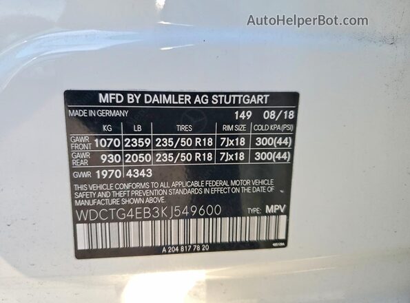 WDCTG4EB3KJ549600 2019 MERCEDES-BENZ GLA White 