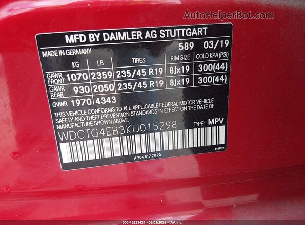 WDCTG4EB3KU015298 2019 MERCEDES-BENZ GLA 250 Red Widok komory silnika