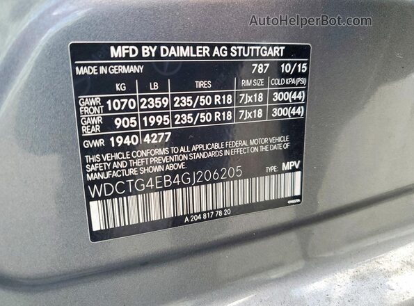 WDCTG4EB4GJ206205 2016 MERCEDES-BENZ GLA Gray VIN კოდის სტიკერის ხედი