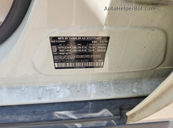 WDCTG4EB4GJ214630 2016 MERCEDES-BENZ GLA White VIN կոդի պիտակի տեսք