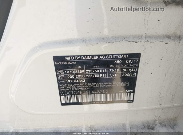 WDCTG4EB4JJ443252 2018 MERCEDES-BENZ GLA 250 White Вид підкапотного простору