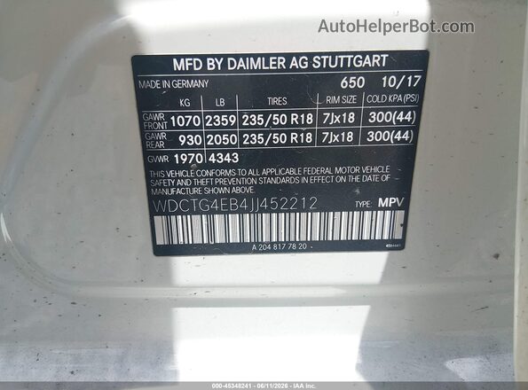 WDCTG4EB4JJ452212 2018 MERCEDES-BENZ GLA 250 White Engine compartment view