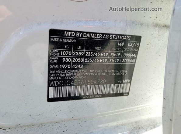 WDCTG4EB6JJ504780 2018 MERCEDES-BENZ GLA Белый 