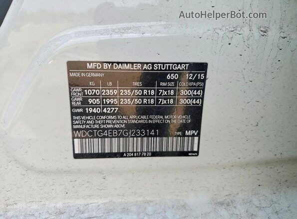 WDCTG4EB7GJ233141 2016 MERCEDES-BENZ GLA White VIN կոդի պիտակի տեսք