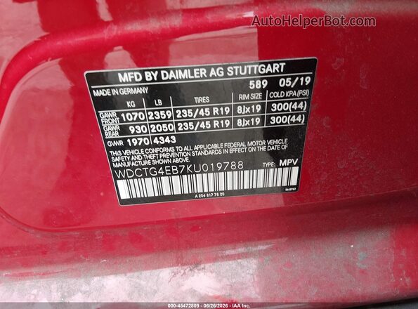 WDCTG4EB7KU019788 2019 MERCEDES-BENZ GLA 250 Red Engine compartment view