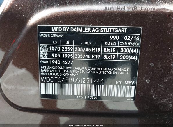 WDCTG4EB8GJ251244 2016 MERCEDES-BENZ GLA 250 Dark Brown Engine compartment view