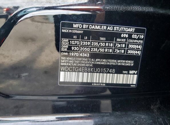WDCTG4EB8KU015748 2019 MERCEDES-BENZ GLA Black VIN sticker view