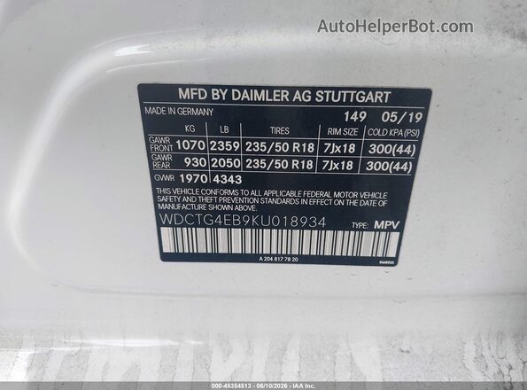 WDCTG4EB9KU018934 2019 MERCEDES-BENZ GLA 250 Белый Вид подкапотного пространства