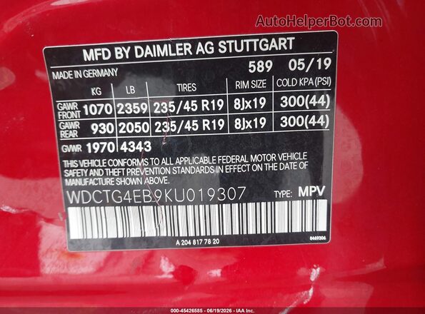 WDCTG4EB9KU019307 2019 MERCEDES-BENZ GLA 250 Red Widok komory silnika