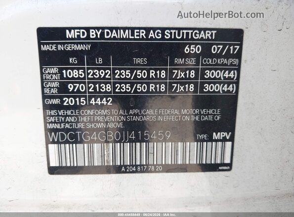 WDCTG4GB0JJ415459 2018 MERCEDES-BENZ GLA 250 White ძრავის განყოფილების ხედი