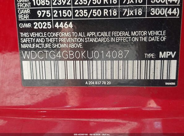 WDCTG4GB0KU014087 2019 MERCEDES-BENZ GLA 250 Red Вид підкапотного простору