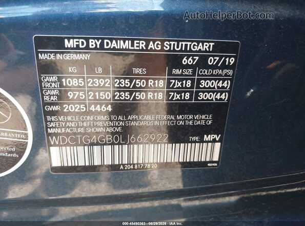 WDCTG4GB0LJ662922 2020 MERCEDES-BENZ GLA 250 Dark Blue Engine compartment view