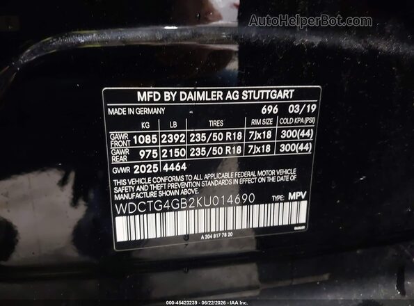 WDCTG4GB2KU014690 2019 MERCEDES-BENZ GLA 250 Черный Вид подкапотного пространства