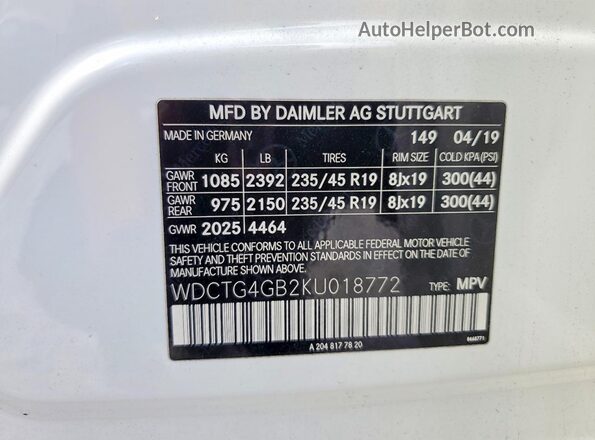 WDCTG4GB2KU018772 2019 MERCEDES-BENZ GLA Белый 