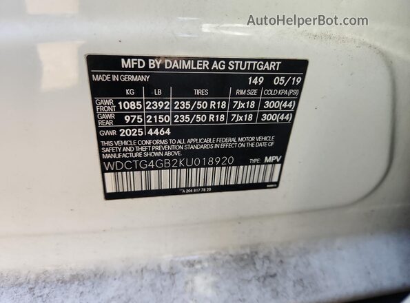 WDCTG4GB2KU018920 2019 MERCEDES-BENZ GLA White VIN կոդի պիտակի տեսք
