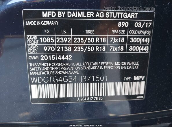 WDCTG4GB4JJ371501 2018 MERCEDES-BENZ GLA 250 Blue Engine compartment view