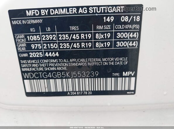 WDCTG4GB5KJ553239 2019 MERCEDES-BENZ GLA 250 White Widok komory silnika
