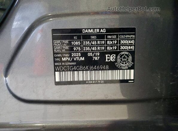WDCTG4GB6KJ646948 2019 MERCEDES-BENZ GLA Gray Вид наклейки з VIN-кодом
