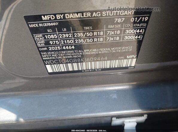 WDCTG4GB8KJ609464 2019 MERCEDES-BENZ GLA 250 Gray Vista del compartimento del motor