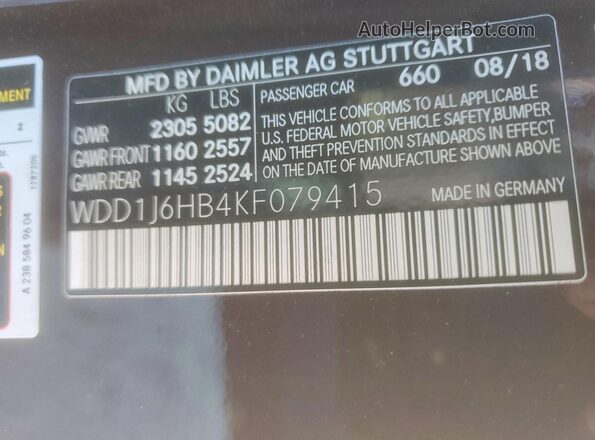 WDD1J6HB4KF079415 2019 MERCEDES-BENZ E Burgundy VIN sticker view