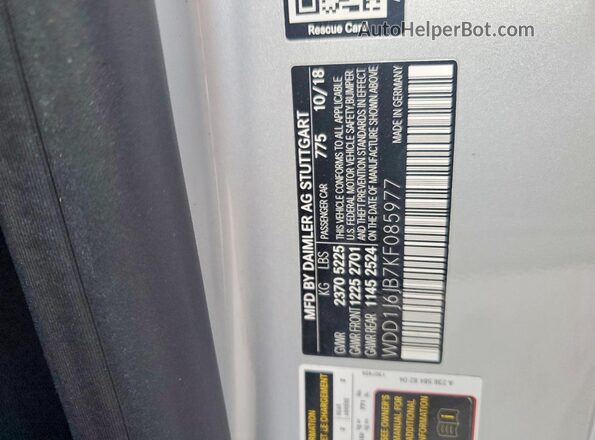 WDD1J6JB7KF085977 2019 MERCEDES-BENZ E Silver VIN sticker view