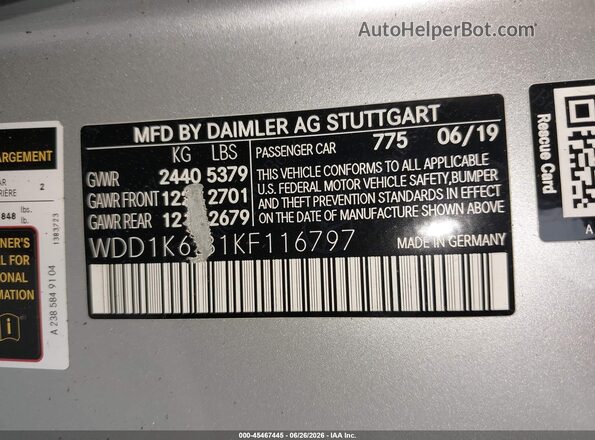 WDD1K6JB1KF116797 2019 MERCEDES-BENZ E-CLASS Silver 