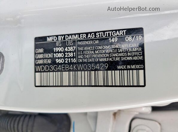 WDD3G4EB4KW035429 2019 MERCEDES-BENZ A White 