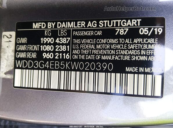 WDD3G4EB5KW020390 2019 MERCEDES-BENZ A 220 Gray Շարժիչի բաժամունքի տեսք