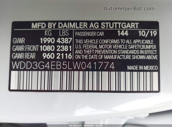 WDD3G4EB5LW041774 2020 MERCEDES-BENZ A 220 White Engine compartment view