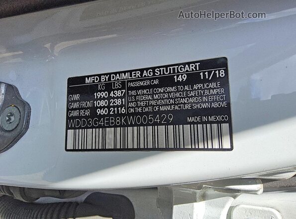 WDD3G4EB8KW005429 2019 MERCEDES-BENZ A White 