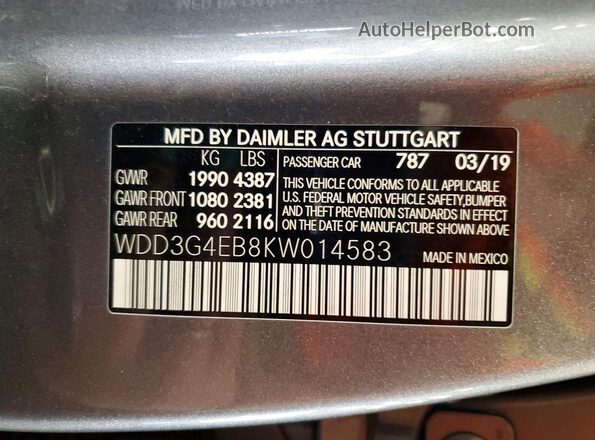 WDD3G4EB8KW014583 2019 MERCEDES-BENZ A Gray Vista del compartimento del motor