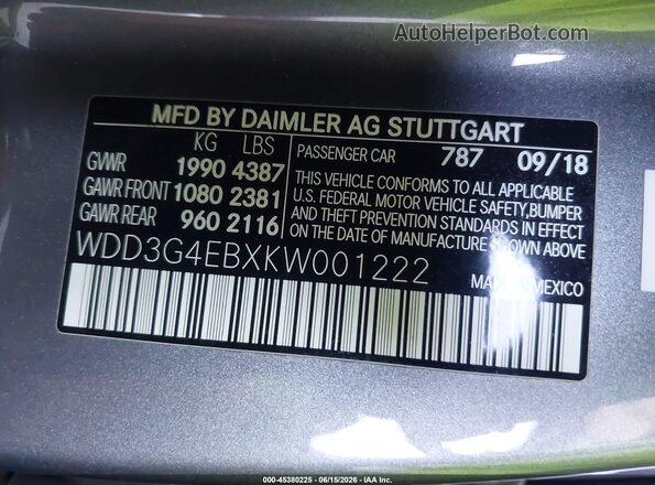 WDD3G4EBXKW001222 2019 MERCEDES-BENZ A 220 Gray Շարժիչի բաժամունքի տեսք