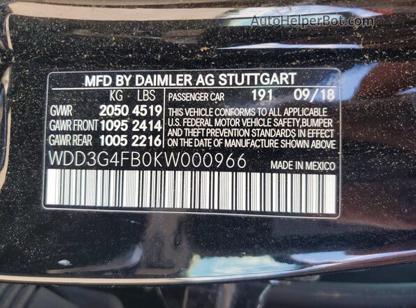 WDD3G4FB0KW000966 2019 MERCEDES-BENZ A Черный 