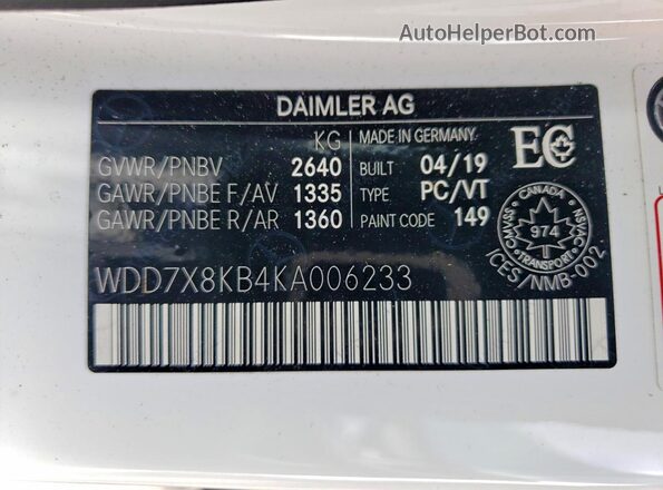 WDD7X8KB4KA006233 2019 MERCEDES-BENZ AMG White 