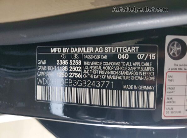 WDDHF0EB3GB243771 2016 MERCEDES-BENZ E Черный Вид наклейки с VIN-кодом