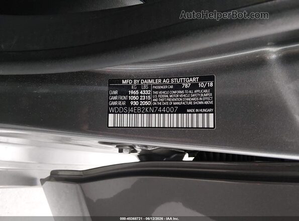 WDDSJ4EB2KN744007 2019 MERCEDES-BENZ CLA 250 Gray Вид підкапотного простору
