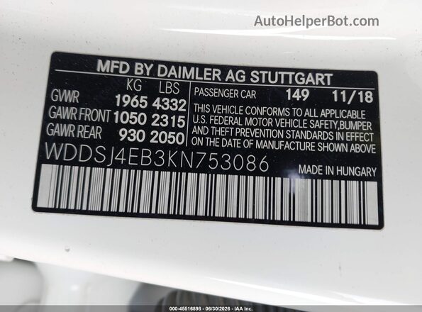 WDDSJ4EB3KN753086 2019 MERCEDES-BENZ CLA 250 White Շարժիչի բաժամունքի տեսք