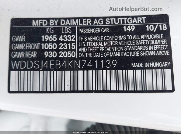 WDDSJ4EB4KN741139 2019 MERCEDES-BENZ CLA 250 Белый Вид подкапотного пространства