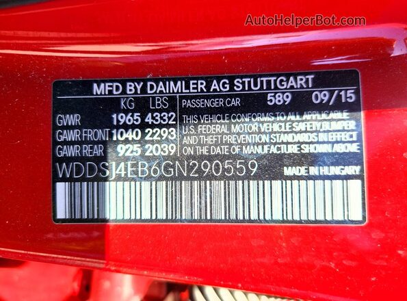 WDDSJ4EB6GN290559 2016 MERCEDES-BENZ CLA-CLASS Red Вид наклейки з VIN-кодом