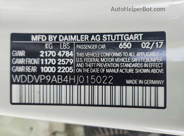 WDDVP9AB4HJ015022 2017 MERCEDES-BENZ B-CLASS White VIN կոդի պիտակի տեսք
